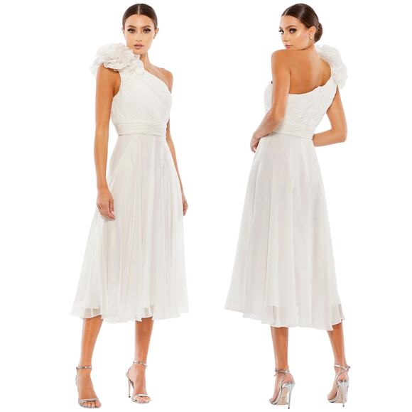Mac Duggal Rosette One Shoulder Tea Length Dress White Size 12 - Picture 1 of 11